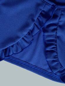 SHEIN Little Girls' Floral Print Spaghetti Strap Dress And Ruffle Hem Jacket Set - Blue and White - View 3