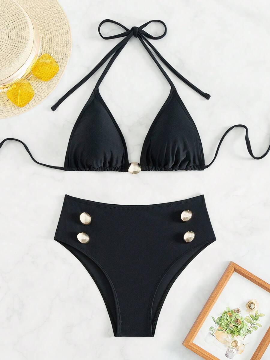 SHEIN Swim 女士纽扣细节比基尼套装音乐节夏季海滩 - 黑色 - 查看 1