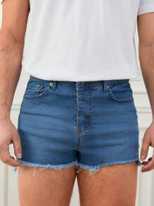 RueChic Men Raw Hem Denim Shorts - Blue - View 5