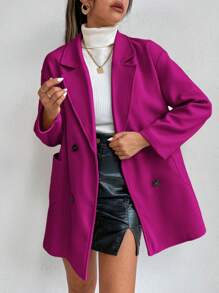 SHEIN PETITE Solid Color Turn-down Collar Double Breasted Woolen Coat - Rose Red - View 5