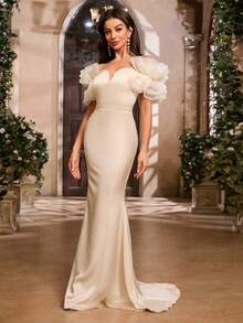 Elegant Off-Shoulder Mesh Ruffle Hem Long Dress