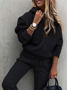 SHEIN Essnce Women's Plain Hooded Sweatsuit With Sweatpants, 2pcs/Set