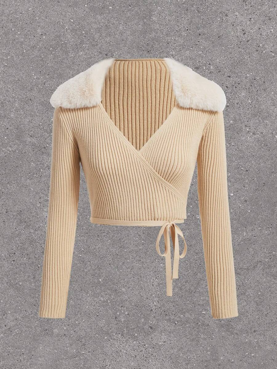 SHEIN EZwear Jersey De Chenilla Acanalada Con Cuello De Solapa Para Mujer - Albaricoque - Ver 1