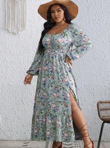 SHEIN VCAY 大尺碼女款花卉印花高開衩洋裝 - 彩色 - 查看 1