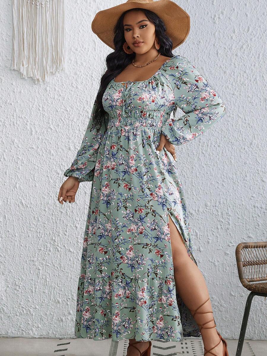 SHEIN VCAY 大尺碼女款花卉印花高開衩洋裝 - 彩色 - 查看 1