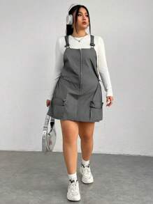CovetEZ Của phụ nữ Kích thước lớn Cargo Phong cách Đầm Với Và Lớn Túi Thiết kế - Xám - Xem 3