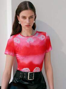 SHEIN MOOSTA Camiseta De Manga Corta Con Efecto Tie-dye Para Mujer