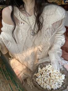 Women's Long Sleeve Distressed Sweater - White - View 7