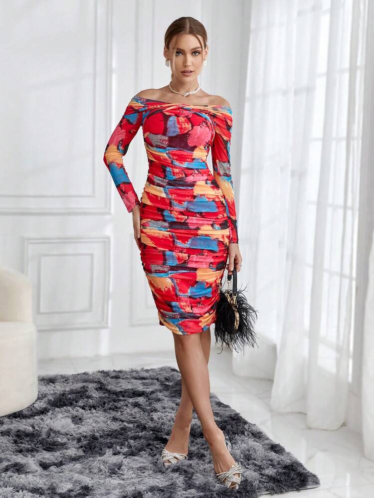 Ladies' Tie Dye Twisted Off Shoulder Dress