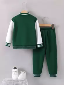 SHEIN Young Boy Letter Printed Striped Baseball Jacket And Trousers Set - Dark Green - View 2