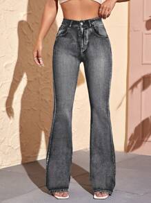 SHEIN Essnce Flared Denim Trousers - Grey - View 7