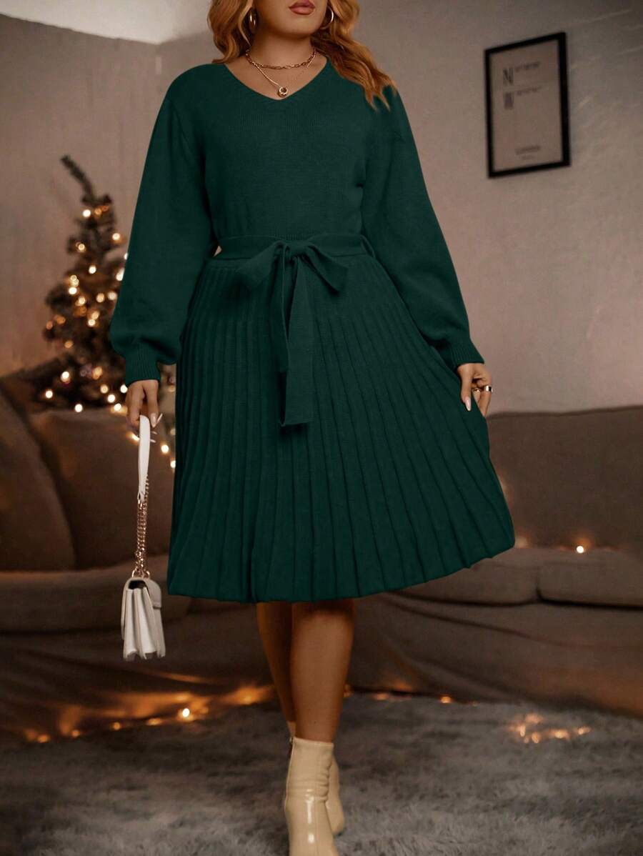 SHEIN Clasi 女式大尺碼束帶褶皺下擺毛衣連身裙 - 綠色 - 查看 1