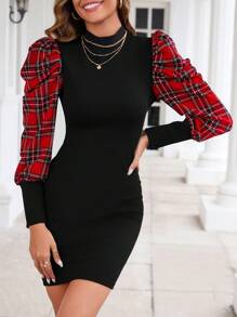 SHEIN Clasi 格子呢圖案燈籠袖緊身洋裝 - 彩色 - 查看 4