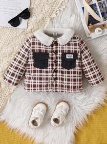 2023 Autumn/winter Toddler Boys' Plaid Fleece Jacket With Button Closure And Turn-down Collar - Multicolor - View 1