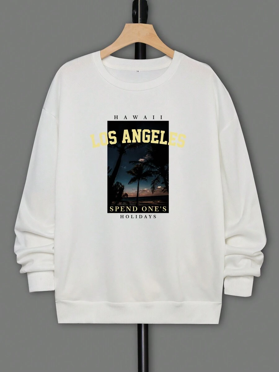 男士下垂肩字母印花運動衫 - 白色 - 查看 1