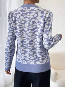 SHEIN LUNE 女士花卉图案圆领休闲针织套头衫秋冬毛衣 - 藍色 - 查看 2