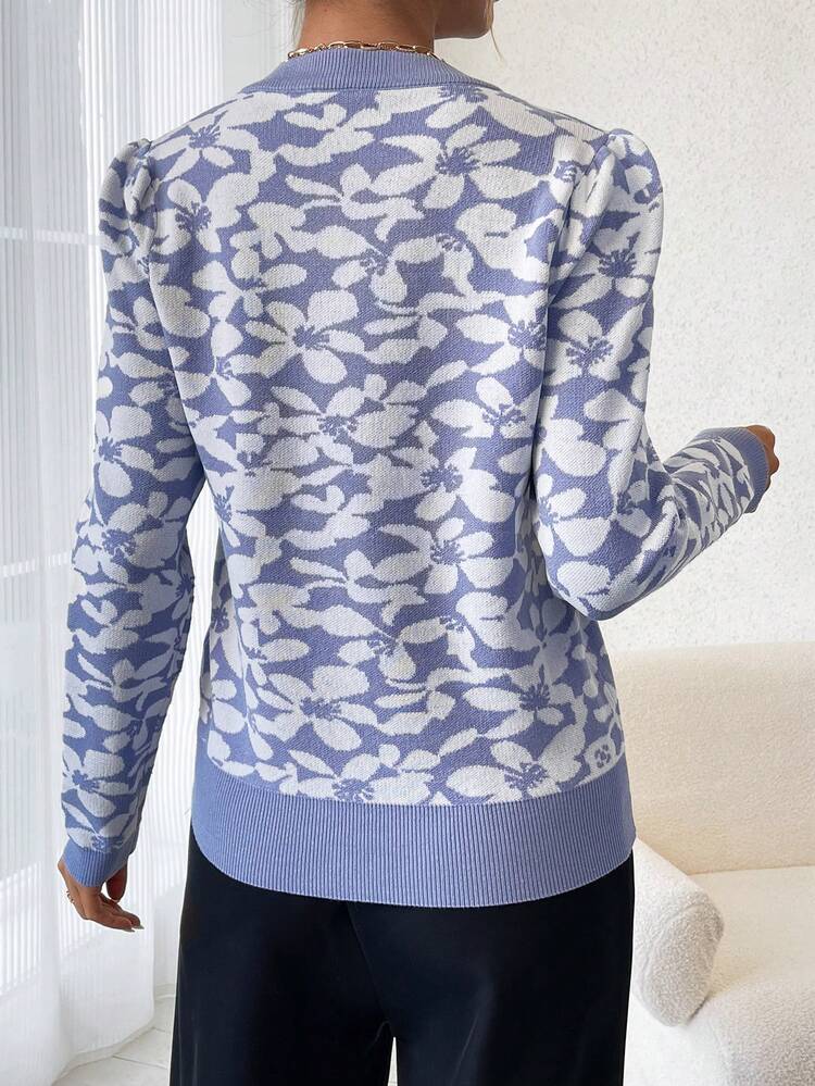 Women's Floral Patterned Round Neck Casual Knit Pullover Fall Winter Sweater