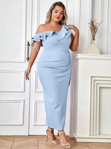 One Shoulder Fishtail Sleeveless Ruched Hip Wrap Dress - Baby Blue - View 5