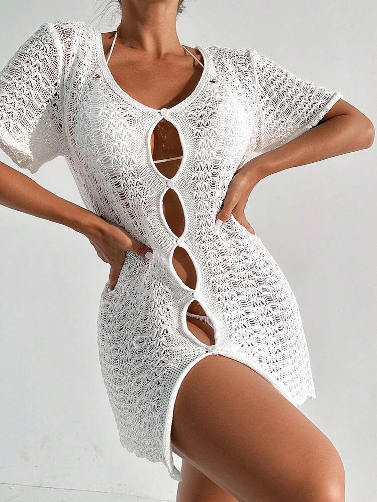 Ladies' Knitted Hollow Out Buttoned Kimono Dress Wedding Summer