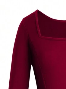 SHEIN Cô gái Dệt kim Nàng tiên cá Hem Đầm Với Hình vuông Đường viền cổ áo - Màu Đỏ Sâu - Xem 5