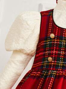 SHEIN 2pcs/Set Young Girl Solid Knit Stand Collar Gigot Sleeve Top And Plaid Cami Dress With Headband, Mommy And Me Matching Outfits