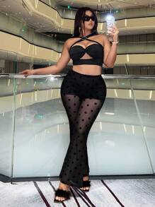 SHEIN ICON 女大尺碼星星提花高腰喇叭褲 - 黑色 - 查看 3