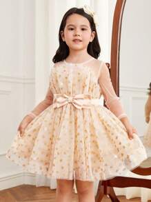 SHEIN 小女孩公主風格網紗a字裙裙,帶蝴蝶結,合身舒適 - 杏色 - 查看 1