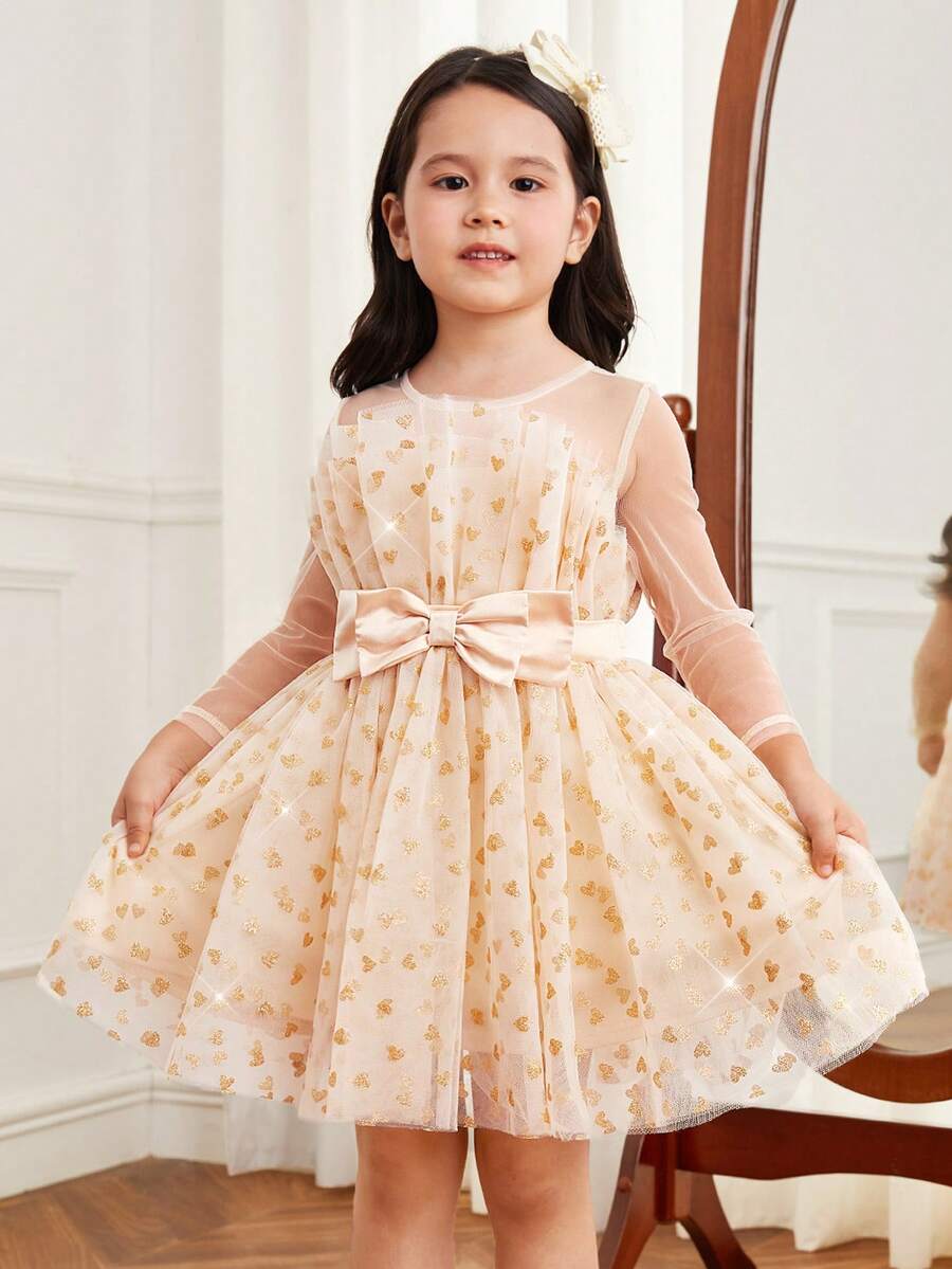 SHEIN 小女孩公主風格網紗a字裙裙,帶蝴蝶結,合身舒適 - 杏色 - 查看 1