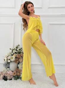 Women's Mesh Applique Halter Sleepwear Set Pajama Set - Yellow - View 5