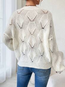 SHEIN LUNE Jersey de cuello redondo, hombros caídos y tejido calado para mujer, para otoño e invierno - Blanco - Ver 2