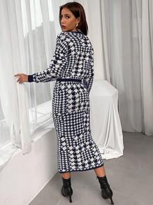 Modelyn Của phụ nữ Đồ họa Houndstooth Áo len Và Váy len nửa mảnh Hai chiếc Bộ - Xanh và trắng - Xem 2