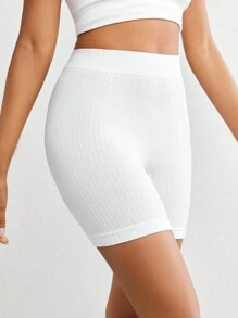 Ocili 休闲超弹无缝亲肤高腰舒适纯色宽罗纹防暴露短裤-白色
