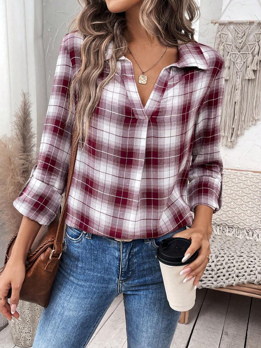 SHEIN LUNE Kẻ sọc Tay áo cuộn lên Áo sơ mi - Nhiều màu - Xem 1