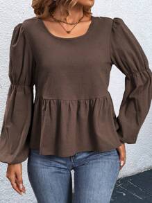 SHEIN LUNE 大码灯笼袖上衣，配荷叶边下摆荷叶边上衣 - 咖啡棕 - 查看 4