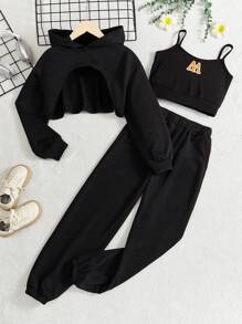 SHEIN Tween Girls Fashionable Street Style Hooded Knit Sweatshirt With Camisole Top And Jogger Pants - Black - View 1