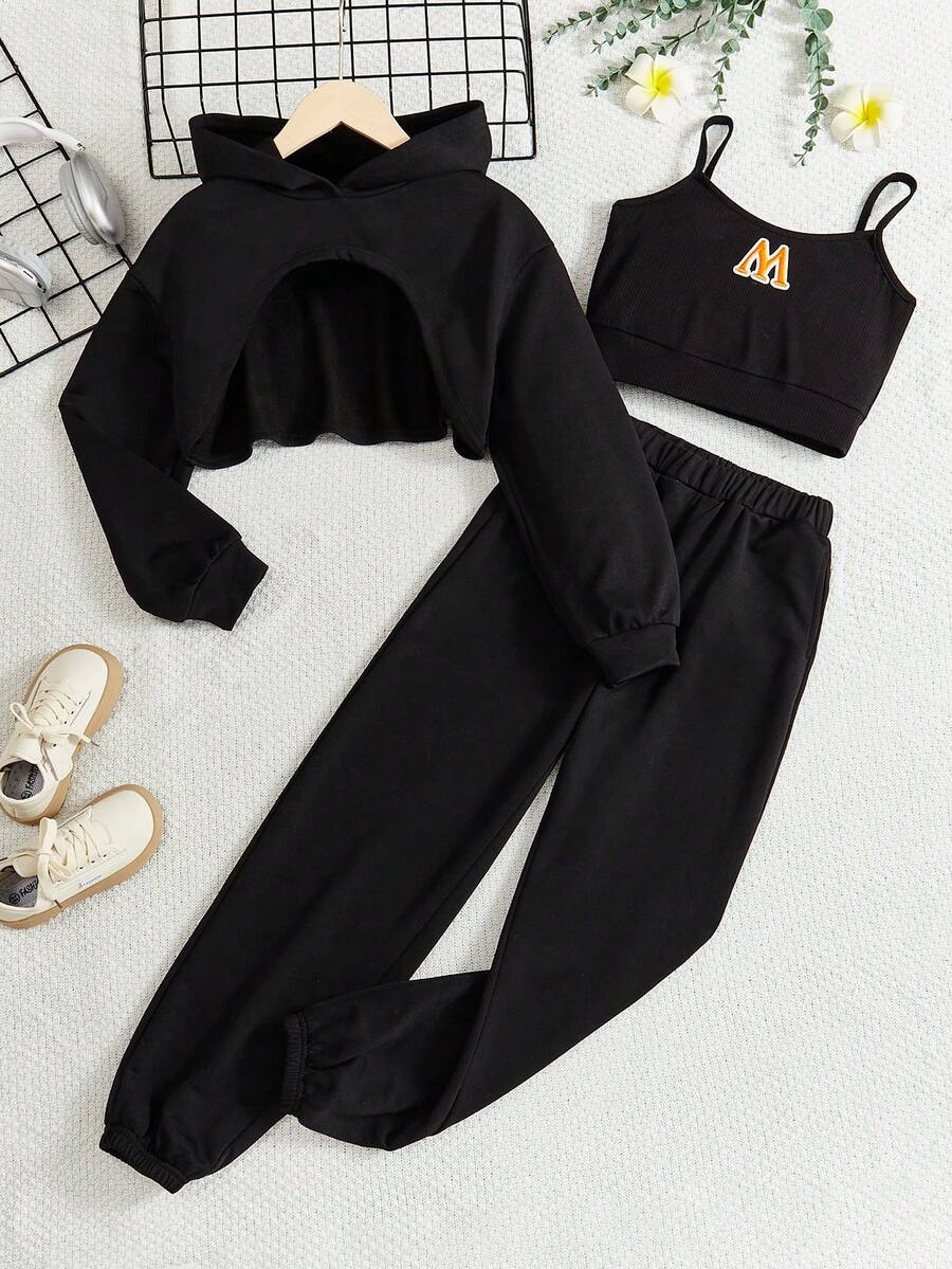 SHEIN Tween Girls Fashionable Street Style Hooded Knit Sweatshirt With Camisole Top And Jogger Pants - Black - View 1