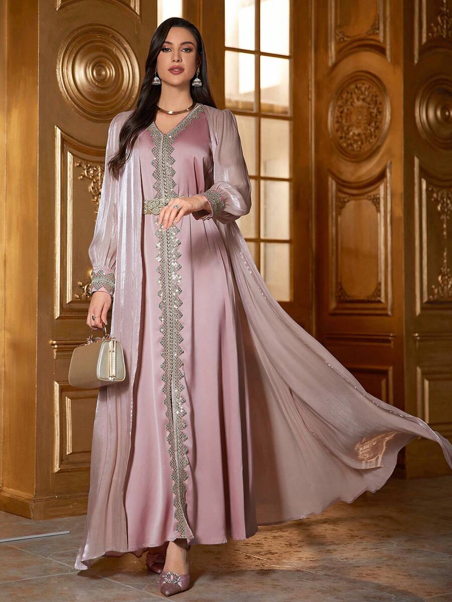 Elegant Embroidered Long Sleeve Modest Dress, Spring/Summer Kaftan Arabian Dress - Dusty Pink - View 1