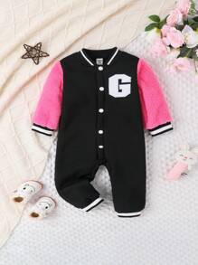 Infant Girls' Color Block Letter Pattern Striped Trim Jumpsuit - Black - View 1