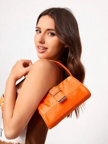 SHEIN SXY 女士純色縫線詳細扣裝時尚單肩包 - 橘色 - 查看 2