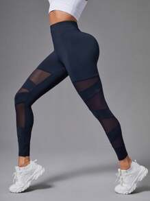 Women's Mesh Panel Sports Leggings - Navy Blue - View 1