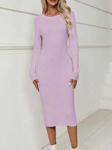 SHEIN LUNE Turtle-neck Fine Rib Knit Slim Fit Long Sleeve Sweater Dress - Pink - View 5