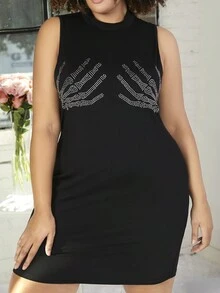 SHEIN CURVE+ 大碼鑲鑽骷髏與手紋印花連衣裙 - 黑色 - 查看 4