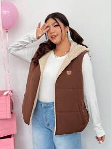 SHEIN EZwear Của phụ nữ Kích thước lớn Đệm Áo vest Với Tai 3D Trang trí - Cà phê nâu - Xem 4