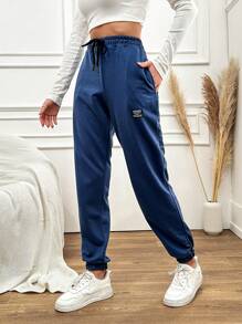 RueChic Letter Patched Detail Drawstring Waist Slant Pocket Joggers - Navy Blue - View 7