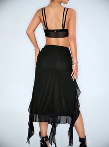 SHEIN ICON Women'S Butterfly Embellished Rhinestone Camisole Top And Ruffle Hem Double Slit Skirt Set - Black - View 7