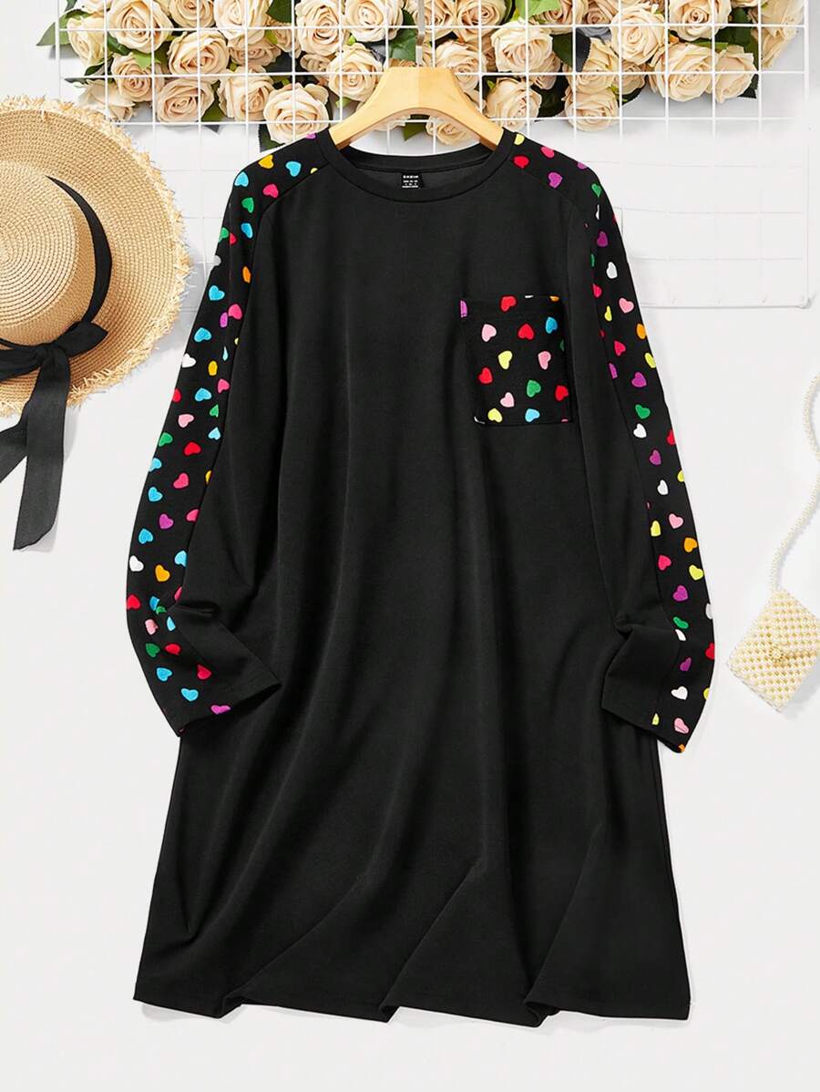 SHEIN LUNE Heart Print Pocket Patched Tee Dress - Black - View 1