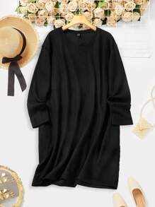 SHEIN LUNE Solid Hidden Pocket Tee Dress - Black - View 1