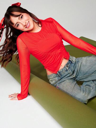 SHEIN ICON Camiseta De Manga Larga Ajustada Para Mujer Con Detalle De Corazón Reunido