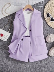 Tween Girls Sleeveless Blazer Jacket + Knit Vest + Shorts 3pcs Set - Mauve Purple - View 7