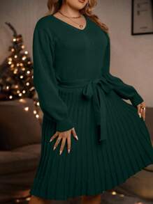 SHEIN Clasi 女式大尺碼束帶褶皺下擺毛衣連身裙 - 綠色 - 查看 4